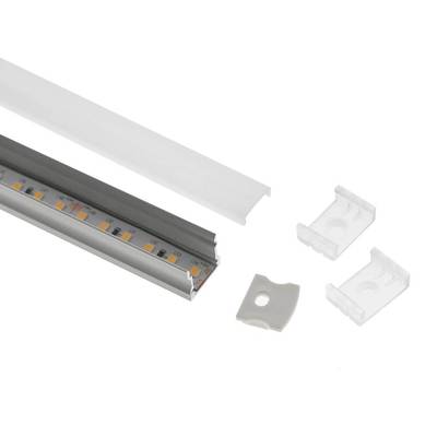 Tira de luz LED en canal de aluminio con cubierta esmerilada y soportes, base blanca.