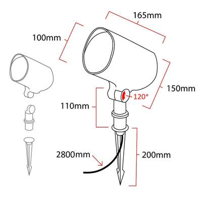 Diagrama de foco LED de exterior con radio ajustable de 120 grados, dimensiones milimétricas mostradas