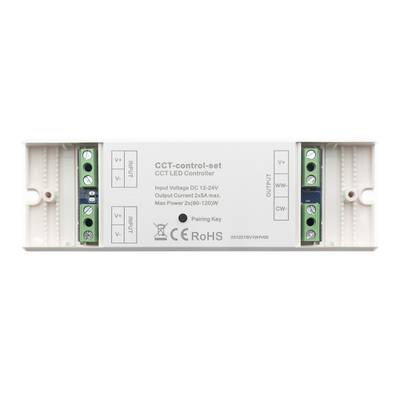 Controlador CCT-LED rectangular, puertos de entrada/salida marcados, datos de iluminación, etiquetas CE y RoHS visibles.