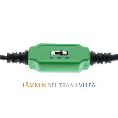 Interruptor verde en cable negro con etiquetas "WW", "NW", "CW" para ajustes de luz cálida, neutra y fría. Opciones LED: cálida, neutra, fría.