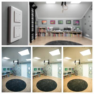 Un collage de una habitación loft iluminada con varios niveles de luz LED, estanterías, una alfombra circular y una decoración elegante.
