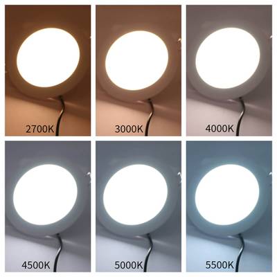 Comparación de luces Led con temperaturas de color de 2700K, 3000K, 4000K, 4500K, 5000K y 5500K para mostrar las opciones de iluminación.