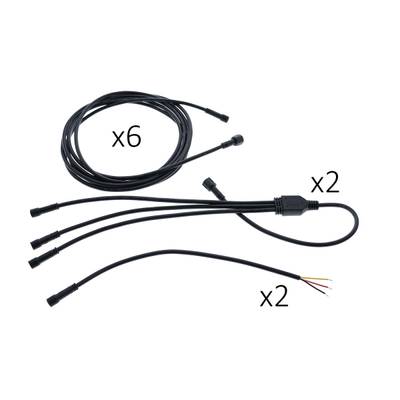 Cables de iluminación LED negros: 6 hilos simples, 2 conectores divisores en Y, 2 tomas divisoras con extremos de cable desnudos