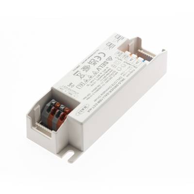 Controlador LED blanco con clasificación de potencia y etiquetas de certificación, ideal para soluciones de iluminación energéticamente eficientes.