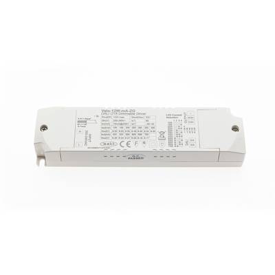 Controlador LED rectangular con etiquetas e información técnica, aislado sobre fondo blanco para soluciones de iluminación eficientes.