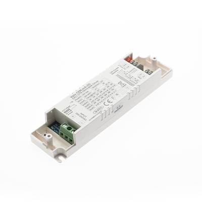 Texto alternativo: controlador LED rectangular con carcasa blanca, etiqueta Mean Well con conectores verdes y naranjas, ideal para soluciones de iluminación LED.