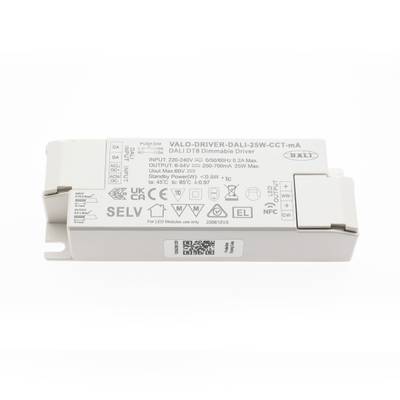 Controlador LED DALI TD blanco regulable que muestra las especificaciones y los iconos de certificación para mejorar la eficiencia y el cumplimiento de las normas de iluminación.