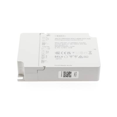 Controlador LED con carcasa blanca, especificaciones detalladas, código QR y logotipo de la marca para soluciones de iluminación LED eficientes.