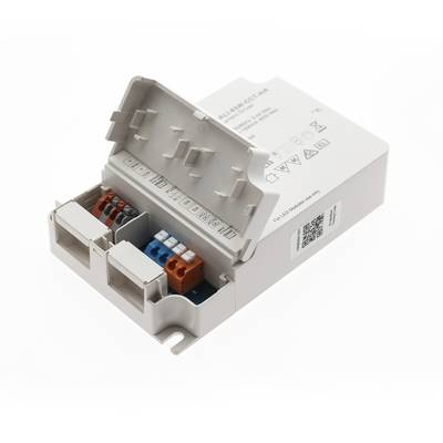 Accesorio eléctrico gris con tapa abierta, que revela conectores de colores y compartimentos etiquetados; ideal para instalaciones de iluminación LED.