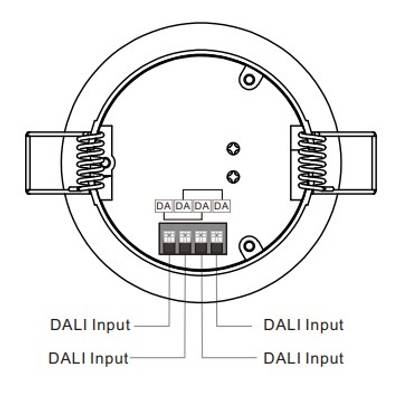 Esquema de un conector de entrada DALI; circular con 4 conectores DA, muelles laterales y cableado que conecta cada conector en el movimiento de iluminación LED.