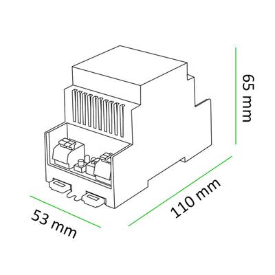 Dibujo lineal de un dispositivo electrónico LED, de dimensiones 110x65x53 mm, para una solución eficaz de iluminación LED por movimiento.
