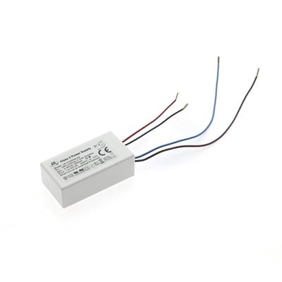 Texto alternativo: Fuente de alimentación LED rectangular con cuatro cables de colores, muestra especificaciones y certificados para una iluminación energéticamente eficiente.