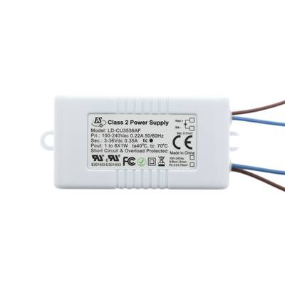 Fuente de alimentación LED blanca rectangular, especificaciones y logotipos de certificación en la etiqueta.