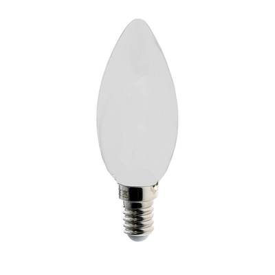 Texto alternativo: Lámpara LED en forma de vela con base de rosca plateada, vertical sobre base blanca, ideal para soluciones de iluminación energéticamente eficientes.