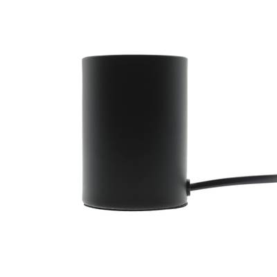 Controlador LED cilíndrico negro y cable de alimentación sobre fondo blanco, detalles de componentes de iluminación
