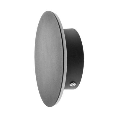 Aplique LED negro moderno y elegante con diseño de placa circular y tornillo lateral visible para soluciones de iluminación elegantes y energéticamente eficientes.