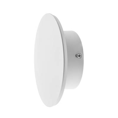 Aplique redondo blanco con superficie circular plana y base cilíndrica, vista oblicua. Ideal para interiores modernos y añade ambiente con iluminación LED.
