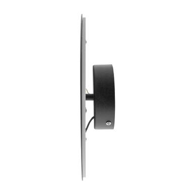 Vista lateral de una moderna luminaria LED de pared negra con base redonda y una elegante carcasa cilíndrica. Iluminación energéticamente eficiente para interiores elegantes.