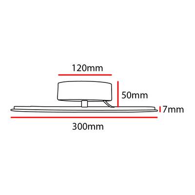 Dibujo técnico lineal que muestra las dimensiones de la luz LED: longitud 300 mm, altura 17 mm, altura de la sección elevada 50 mm y componente circular de 120 mm de diámetro.