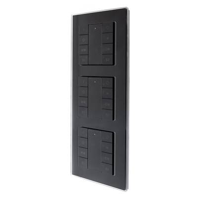 Panel de interruptores de pared LED negro con tres botones de control de iluminación, moderna solución de iluminación inteligente en inglés.