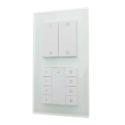 Texto alternativo: "Panel de interruptores de luz LED para el hogar inteligente con múltiples botones sobre un elegante fondo de cristal para soluciones de iluminación modernas.