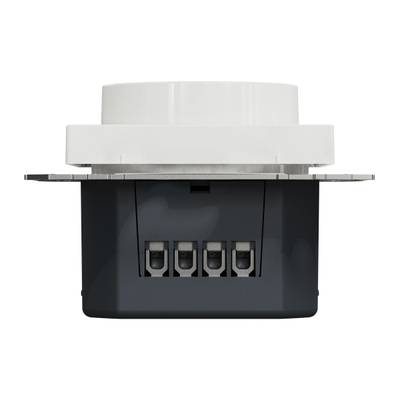 Primer plano de interruptor de luz LED, conectores y cableado visibles, con pared blanca de fondo.