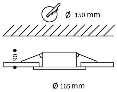 Esquema de instalación para luminaria empotrable: profundidad 90 mm, diámetro de corte 150 mm, diámetro total 165 mm - Movimiento de iluminación LED.