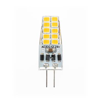 Bombilla LED con múltiples diodos amarillos, marcada AC/DC 12-24V, base con dos patillas metálicas para soluciones de iluminación versátiles.