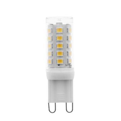 Primer plano de una lámpara LED blanca de bajo consumo con diodos amarillos y dos picos metálicos para cambiar el movimiento de iluminación a la pantalla.