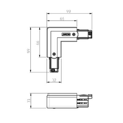 Dibujo técnico de un conector LED rectangular con dimensiones y vista lateral para instalaciones de iluminación de precisión.