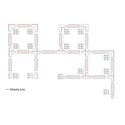 Diagrama que muestra las habitaciones interconectadas, etiquetadas con los números XT5 y con una línea roja que indica la polaridad. Ideal para optimizar el SEO de los distribuidores de iluminación LED.