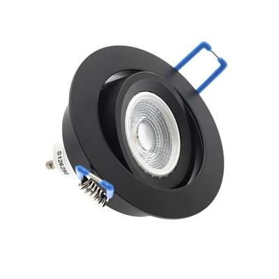 Foco empotrable de techo negro con bisel ajustable, anillo plateado para la bombilla y clip de montaje para soluciones de iluminación LED modernas.