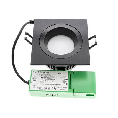 Downlight LED empotrable cuadrado negro con controlador LED verde sobre fondo blanco - Solución de iluminación energéticamente eficiente