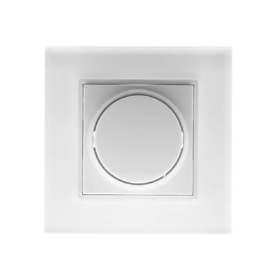Interruptor dimmer con placa cuadrada blanca y pomo redondo, visible sobre un fondo blanco liso, ideal para el control de la iluminación LED.