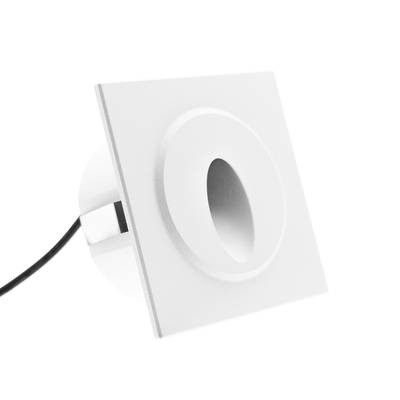 Luminaria rectangular blanca empotrable con apertura redonda y cable lateral negro, perfecta para una solución de iluminación LED moderna para diferentes espacios.