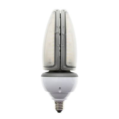 Vista lateral de una lámpara LED de maíz con fondo gris y chips LED de dos paneles sobre fondo blanco para soluciones de iluminación energéticamente eficientes.