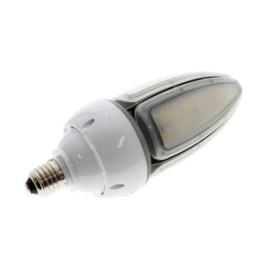 Bombilla incandescente LED con base en espiral y carcasa de plástico transparente con paneles LED rectangulares sobre fondo blanco, ideal para una iluminación de bajo consumo.