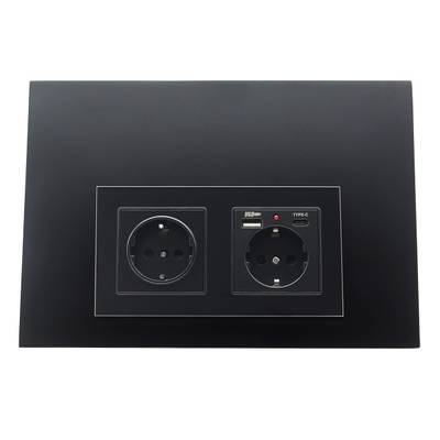 Panel mural de iluminación LED negro con dos enchufes y puerto USB-C para una instalación eléctrica moderna.