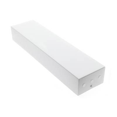 Luminaria LED blanca rectangular con tres pequeños botones redondos en un extremo, sobre un fondo blanco liso para enfocar el producto.