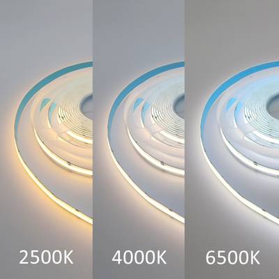 Tiras de LED que muestran temperaturas de color blanco cálido (2500K), blanco neutro (4000K) y blanco frío (6500K) de forma ordenada sobre una superficie.