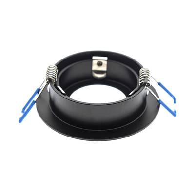 Marco negro para downlight empotrable con clips de resorte y lengüetas azules, para la instalación de iluminación LED de techo.