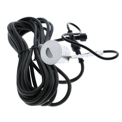 Carrete de cable negro con sensor metálico redondo, conector negro y mazo de cables para soluciones de iluminación LED.