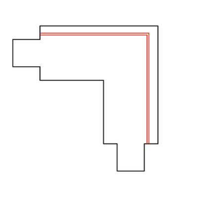 Gráfico de un contorno de esquina de escalera en ángulo negro con un borde interior rojo más pequeño sobre fondo blanco, que representa un diseño moderno de iluminación LED.