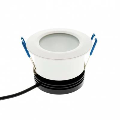 Empotrable LED redondo blanco con soportes azules y cable de alimentación negro. Una solución de iluminación energéticamente eficiente para hogares y negocios modernos.