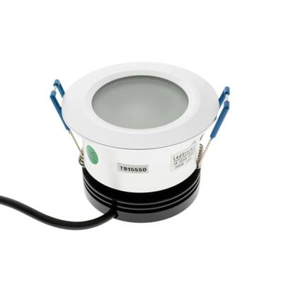 Plafón LED redondo T815550 con borde blanco, base negra, pinza azul y cable de alimentación negro. Ideal para soluciones de iluminación domésticas modernas.