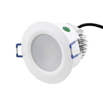 Downlight LED redondo empotrable blanco, disipador de calor, clips de montaje azules, cable negro para iluminación de techo.