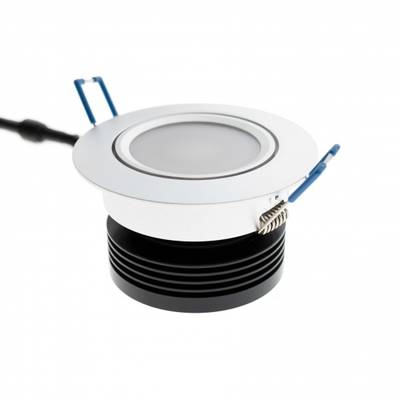 Downlight LED empotrable blanco energéticamente eficiente con clips de resorte azules, soporte y disipador de calor negro para soluciones de iluminación modernas.