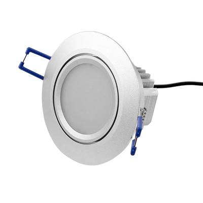 Plafón LED redondo con elegante cuerpo plateado, soportes azules y cable negro. Perfecta para soluciones de iluminación contemporáneas.