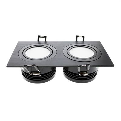 Plafón rectangular negro con dos lámparas LED redondas y soportes para interiores modernos.