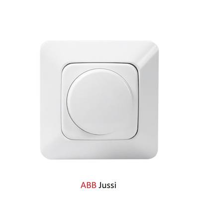 Interruptor de pared ABB Jussi blanco para iluminación LED, pulsador redondo y base cuadrada, diseño moderno.